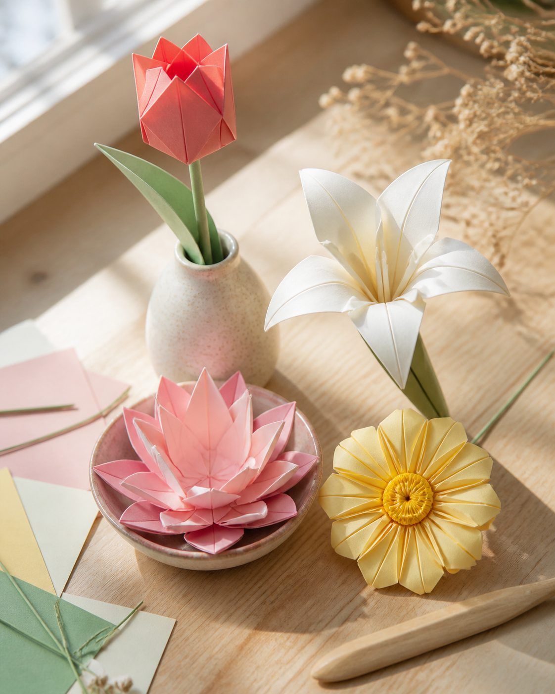 4 idées de fleurs origami faciles pour un bouquet ou une déco