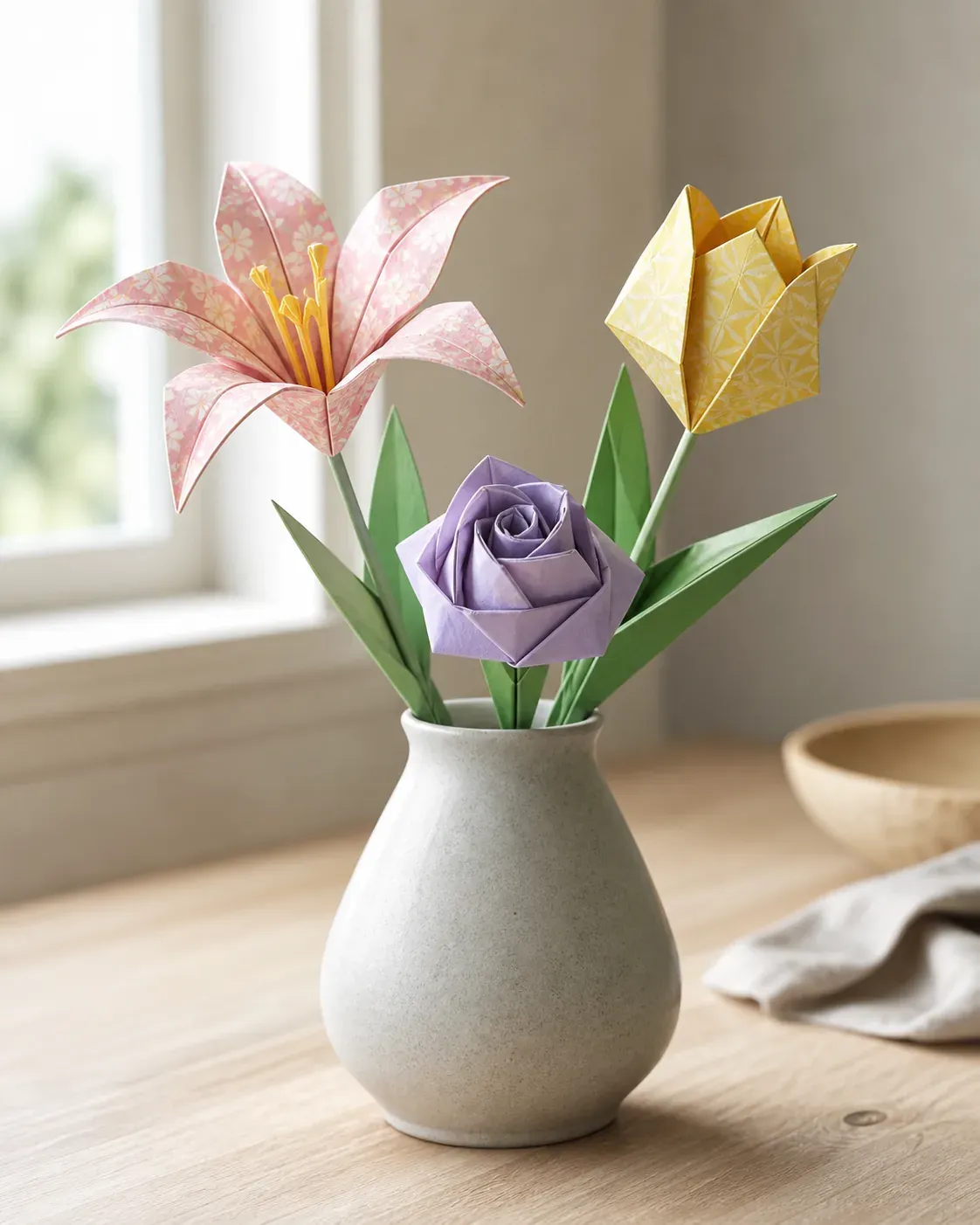 Les fleurs en papier origami se plient en un joli bouquet
