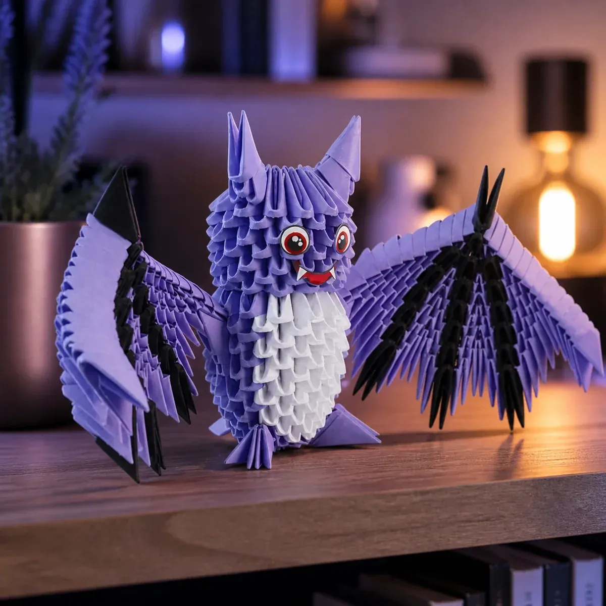 Kit origami 3D Chauve-souris aux ailes violettes : sculpture en origami 3D, vue 1