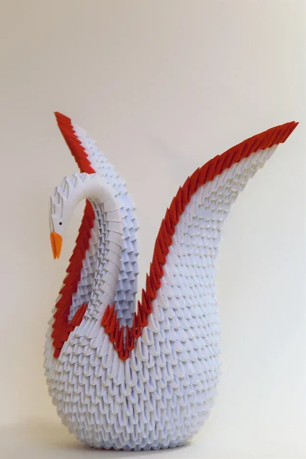 Kit origami 3D cygne blanc et rouge dressé