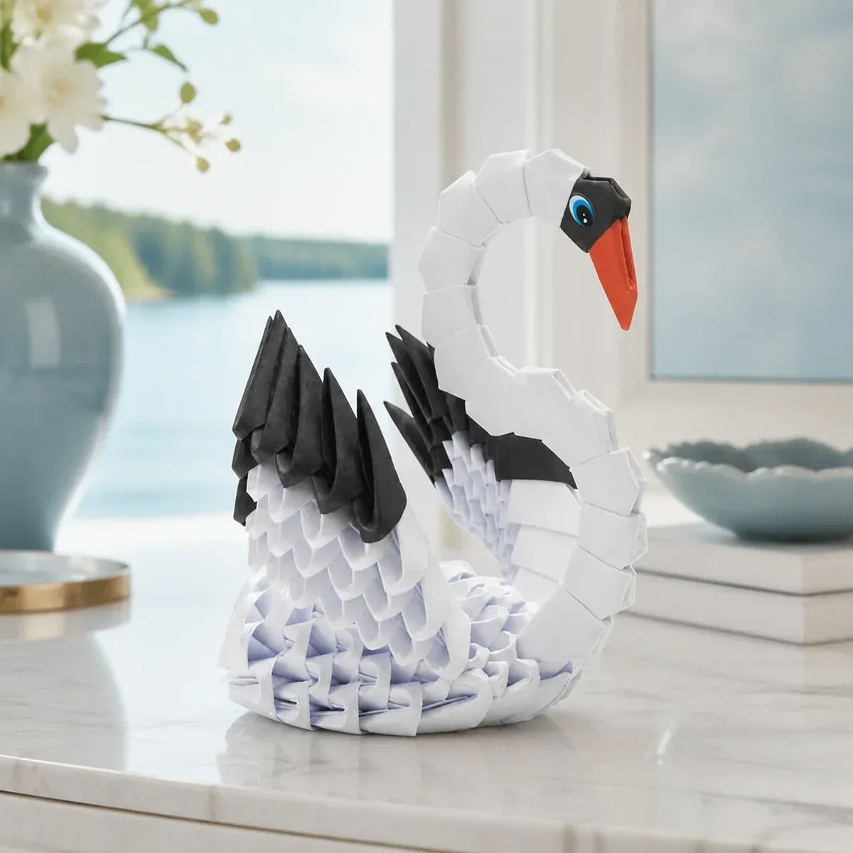 Kit origami 3D Cygne blanc aux ailes noires
