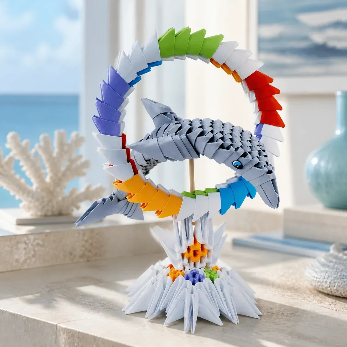 Kit origami 3D Dauphin en mouvement océan : sculpture en origami 3D, vue 1