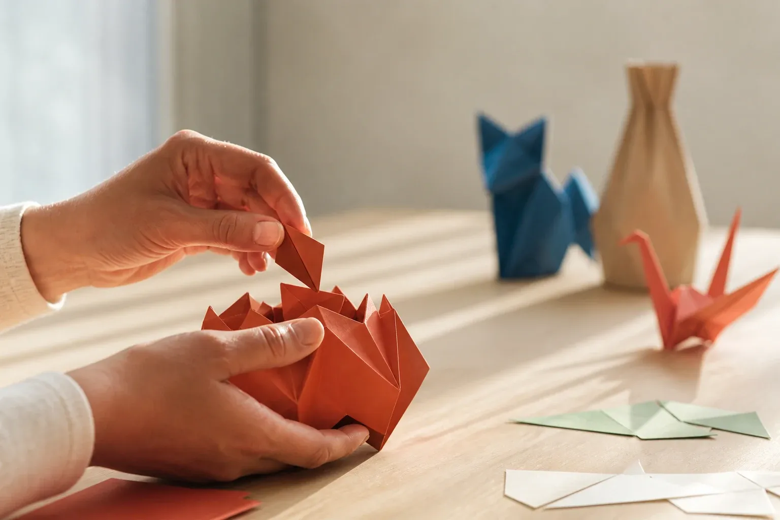 Deux mains posent une pièce numérotée sur une sculpture d'origami 3D vermillon, entourée de modèles terminés