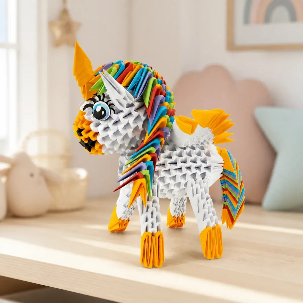 Kit origami 3D Licorne arc-en-ciel à assembler