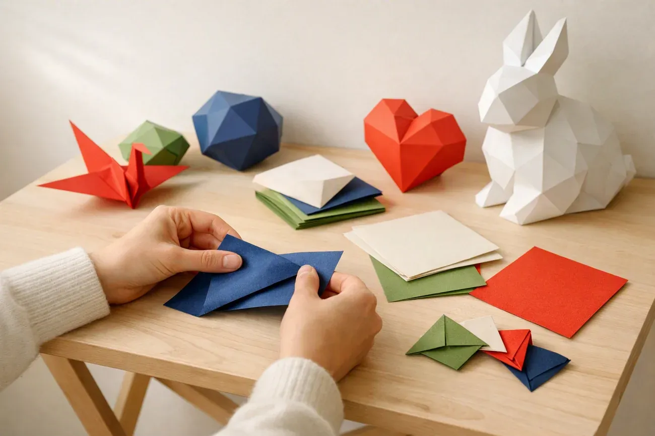Papiers plies sur la table de travail, ambiance de l'article : Quel papier choisir pour un marque-page origami
