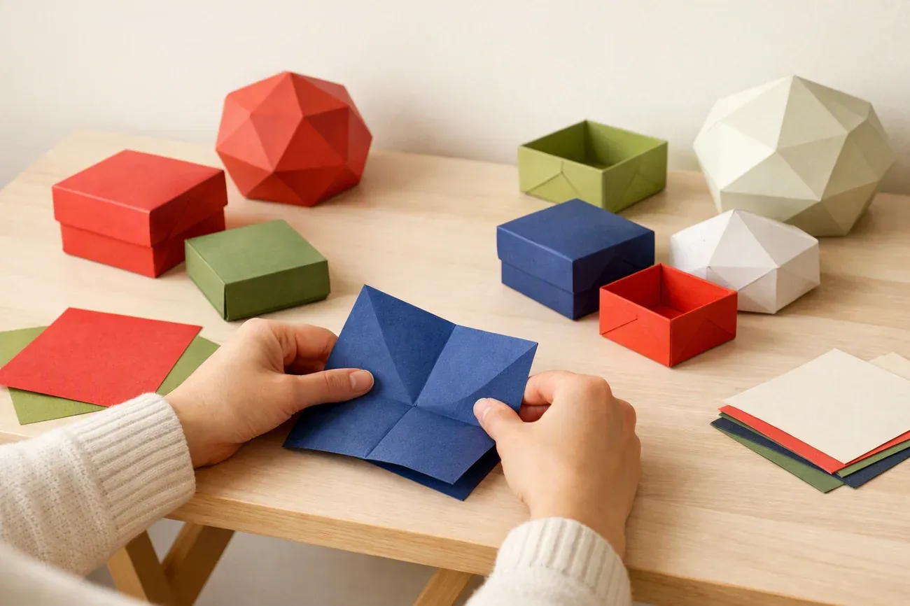 Papiers plies sur la table de travail, ambiance de l'article : Boîte masu en origami : pas-à-pas complet