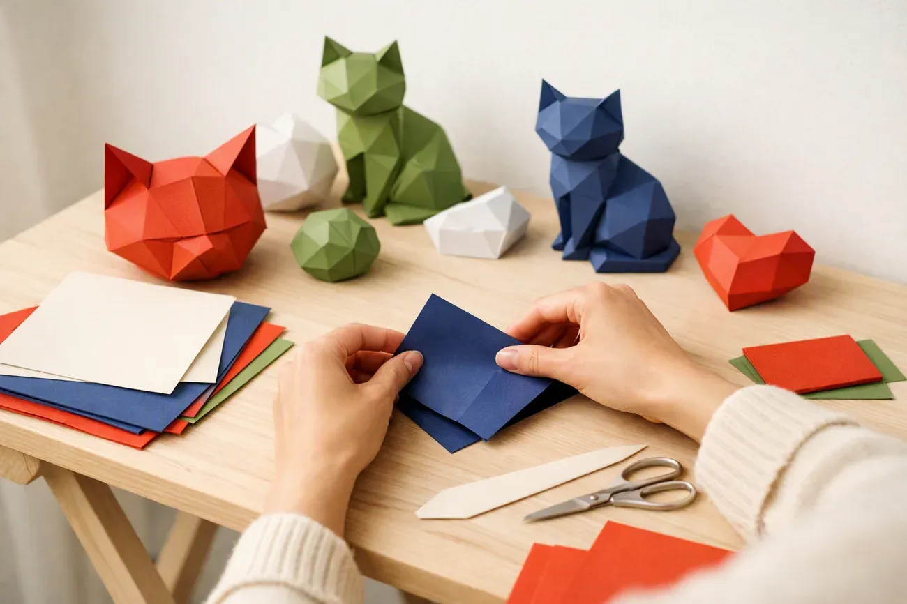 Papiers plies sur la table de travail, ambiance de l'article : Matériel pour plier un chat en papier