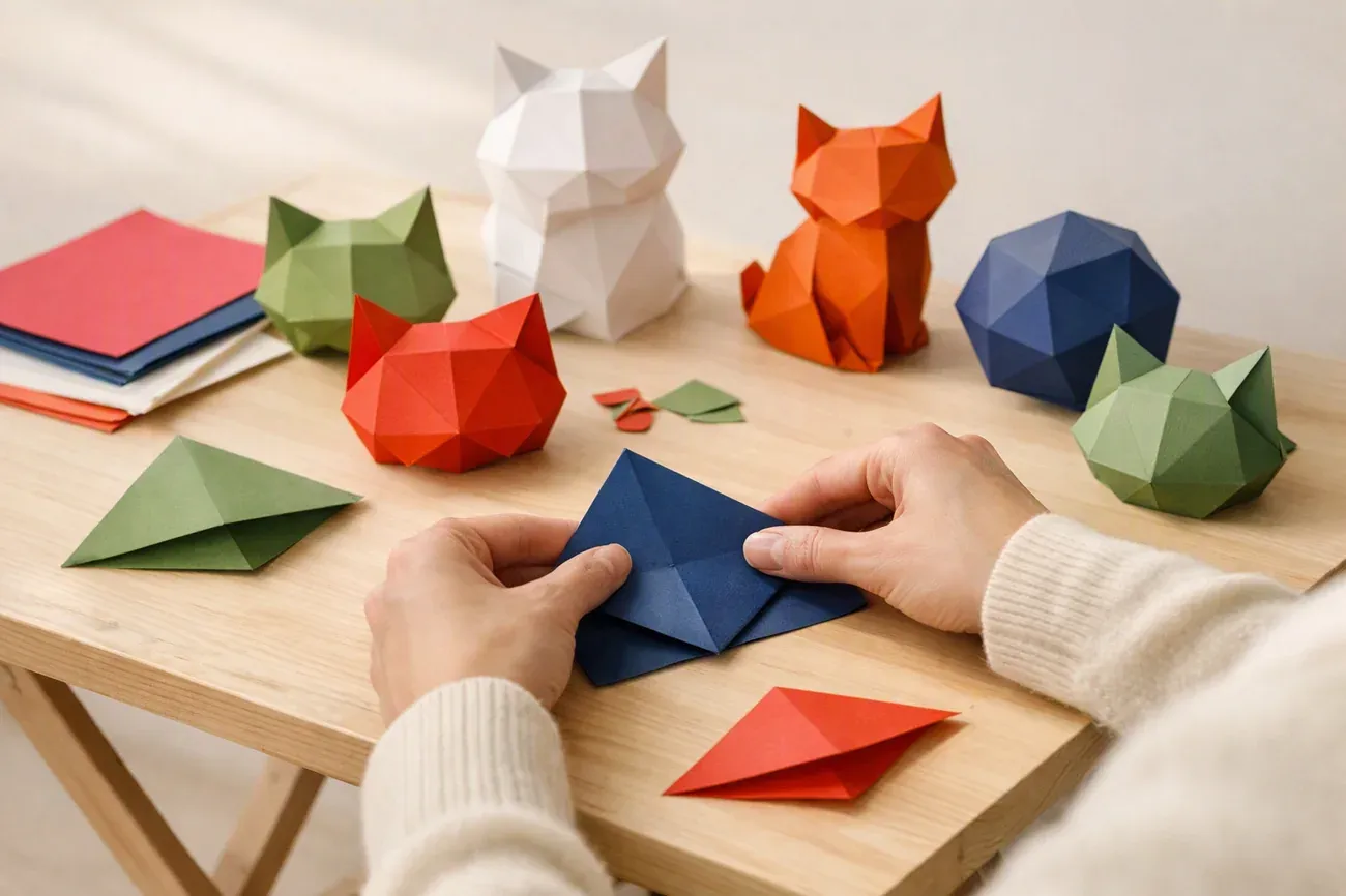 Papiers plies sur la table de travail, ambiance de l'article : 1. Origami chat facile : la tête en 6 plis