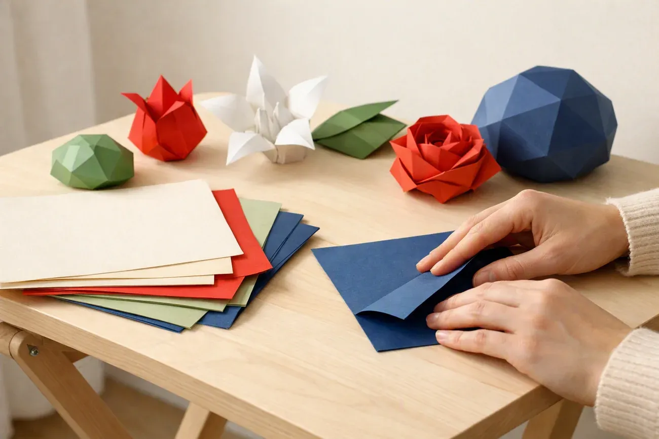 Papiers plies sur la table de travail, ambiance de l'article : Avant de commencer : papier, couleur et niveau