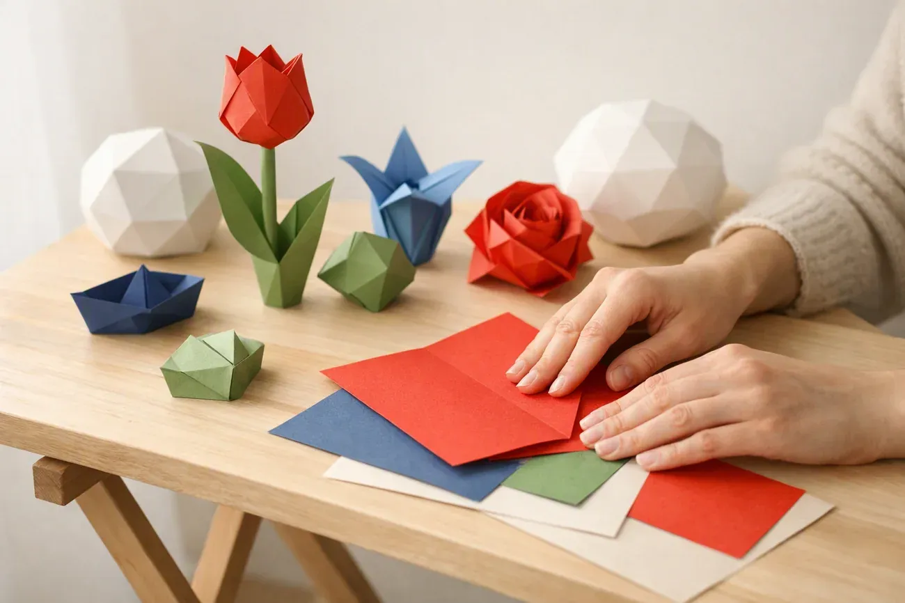 Papiers plies sur la table de travail, ambiance de l'article : 1. Tulipe en origami avec tige : la fleur qui prend forme en soufflant