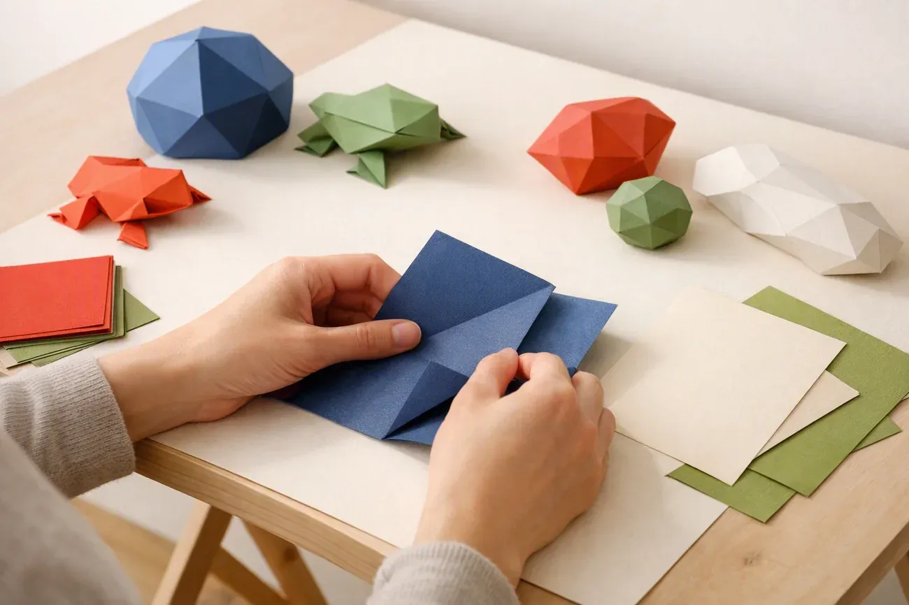 Papiers plies sur la table de travail, ambiance de l'article : Avant de plier : comprendre la forme