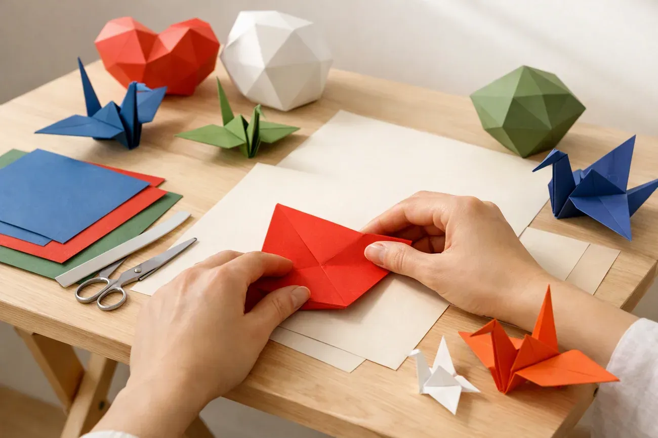 Papiers plies sur la table de travail, ambiance de l'article : Matériel pour plier une grue origami