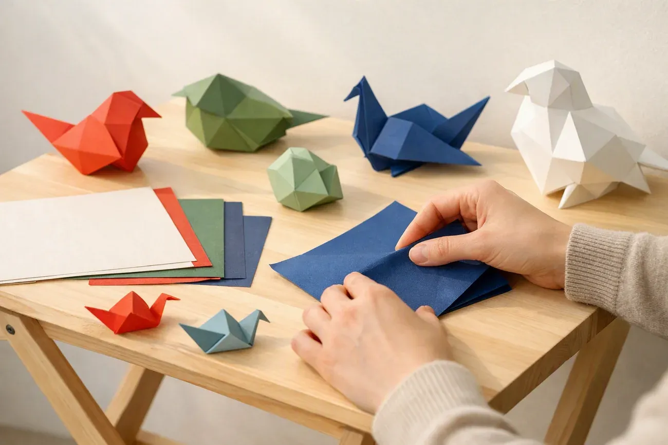 Papiers plies sur la table de travail, ambiance de l'article : Bien choisir son papier avant de plier un oiseau