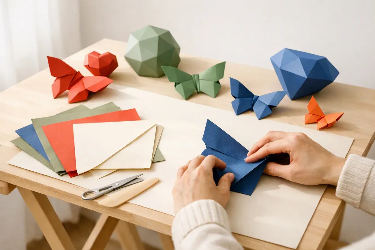 Papiers plies sur la table de travail, ambiance de l'article : Matériel pour plier un papillon en origami
