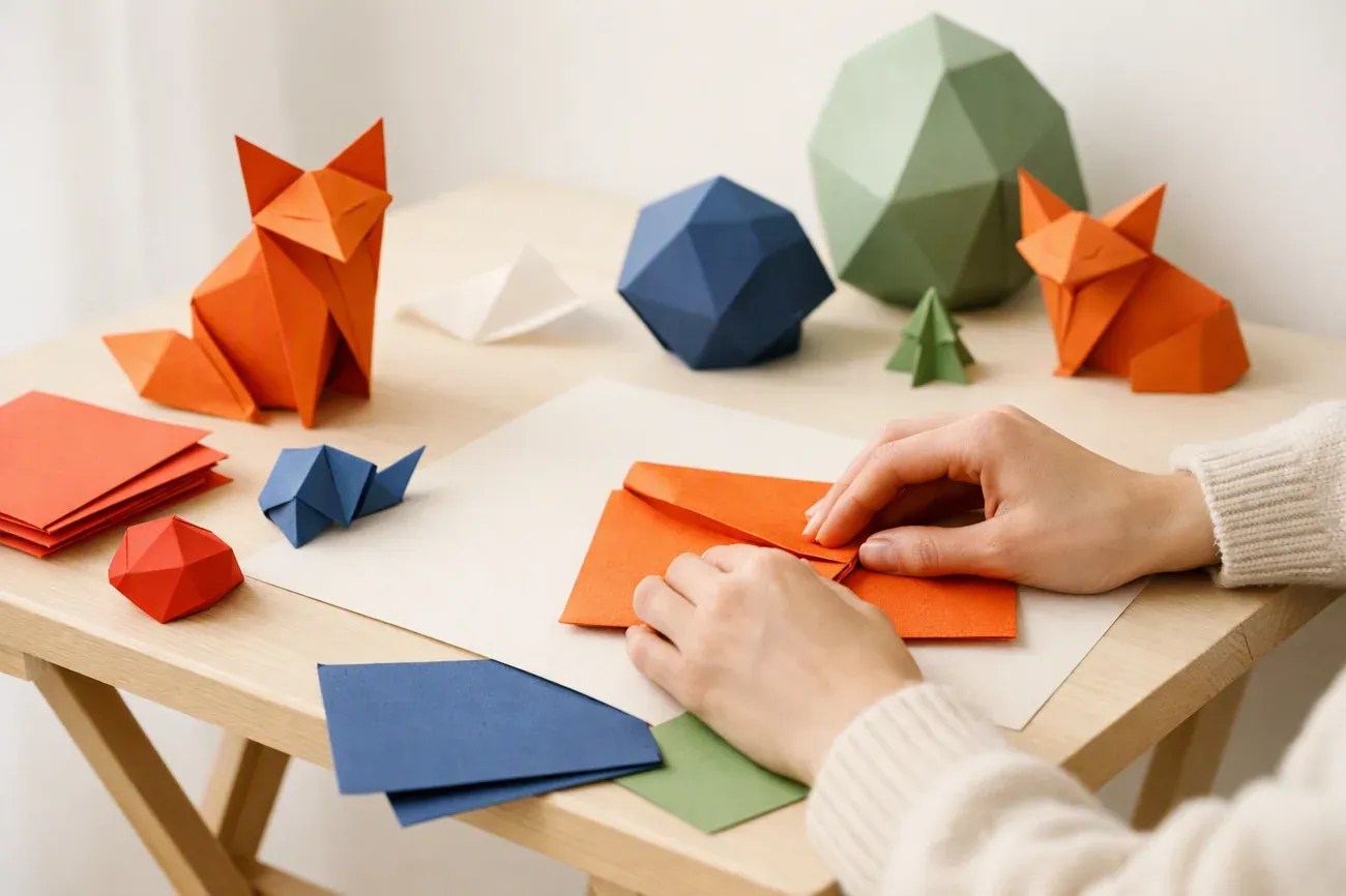 Papiers plies sur la table de travail, ambiance de l'article : Pourquoi le renard rend si bien en papier orange