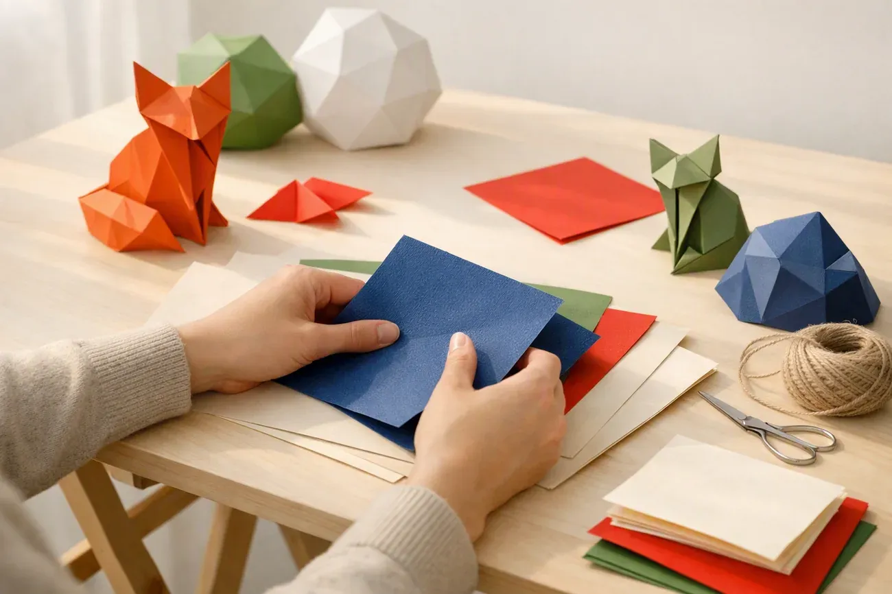 Papiers plies sur la table de travail, ambiance de l'article : Matériel pour plier le renard assis