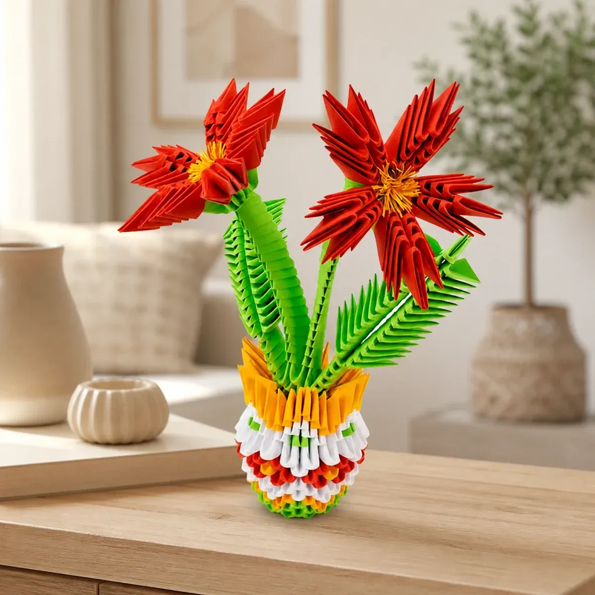 Kit origami 3D pot de fleurs rouges en papier : sculpture en origami 3D, vue 1