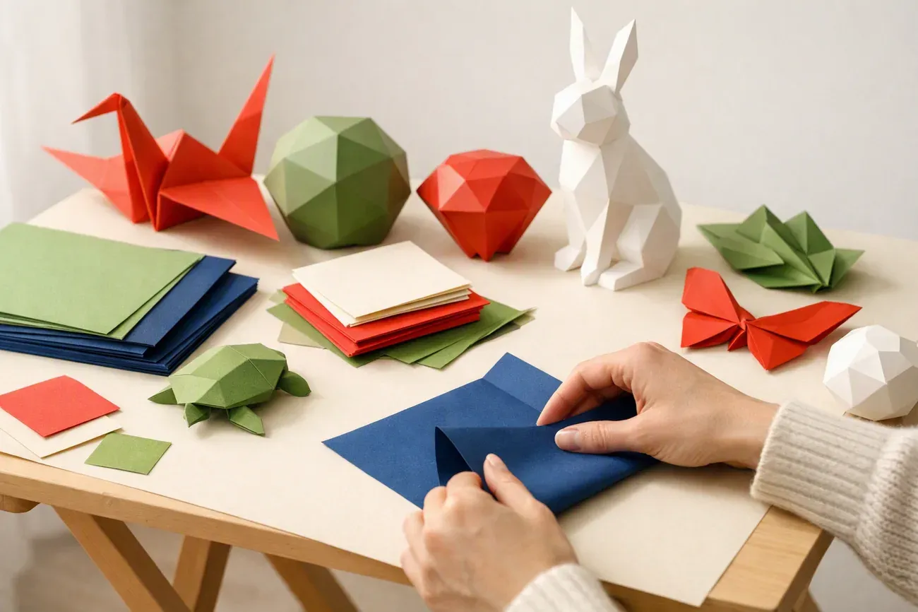 Papiers plies sur la table de travail, ambiance de l'article : Les grandes familles de papier pour origami
