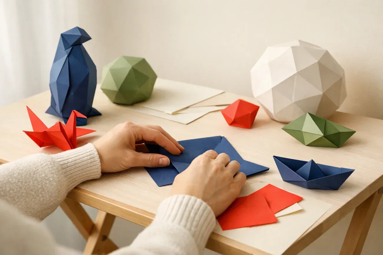 Papiers plies sur la table de travail, ambiance de l'article : Qu’appelle-t-on sculpture en papier ?