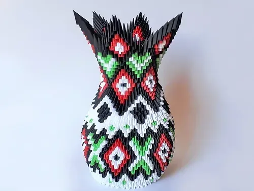Kit origami 3D vase Inca décoratif en papier : sculpture en origami 3D, vue 1