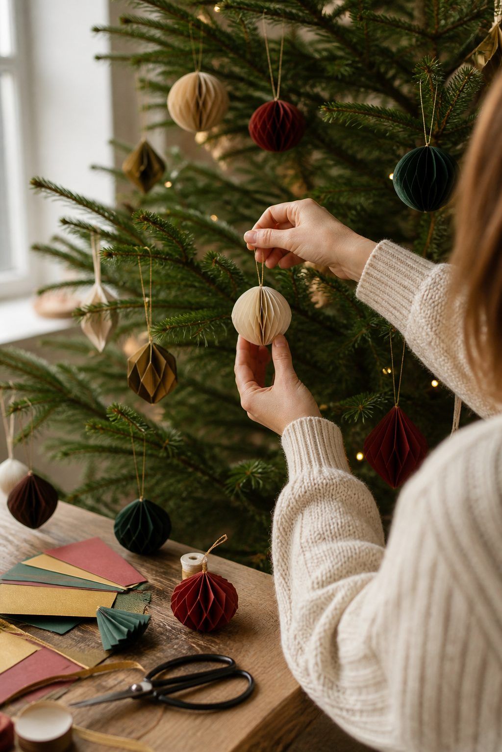 Personnaliser les boules de Noël en origami et les suspendre au sapin