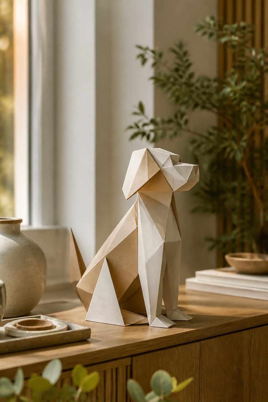 Passer au chien en origami 3D pour une décoration durable