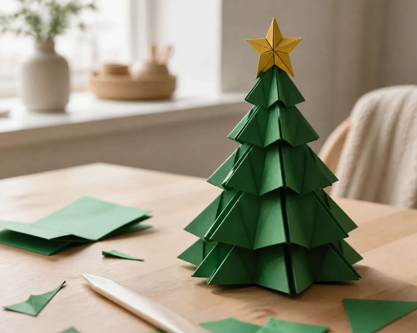 Un sapin en papier plié qui tient debout et se range à plat